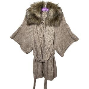 Loft Acrylic Wool Alpaca Chunky Knit Cardigan Sweater Faux Fur Collar Tan/Cream